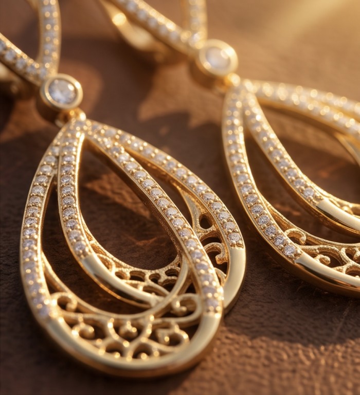 Black Label Collection - Dubai Style - Natural 22K Gold over .925 Sterling Silver handmade earrings - Close-up of Dubai Style earrings in 22K gold, showcasing intricate design