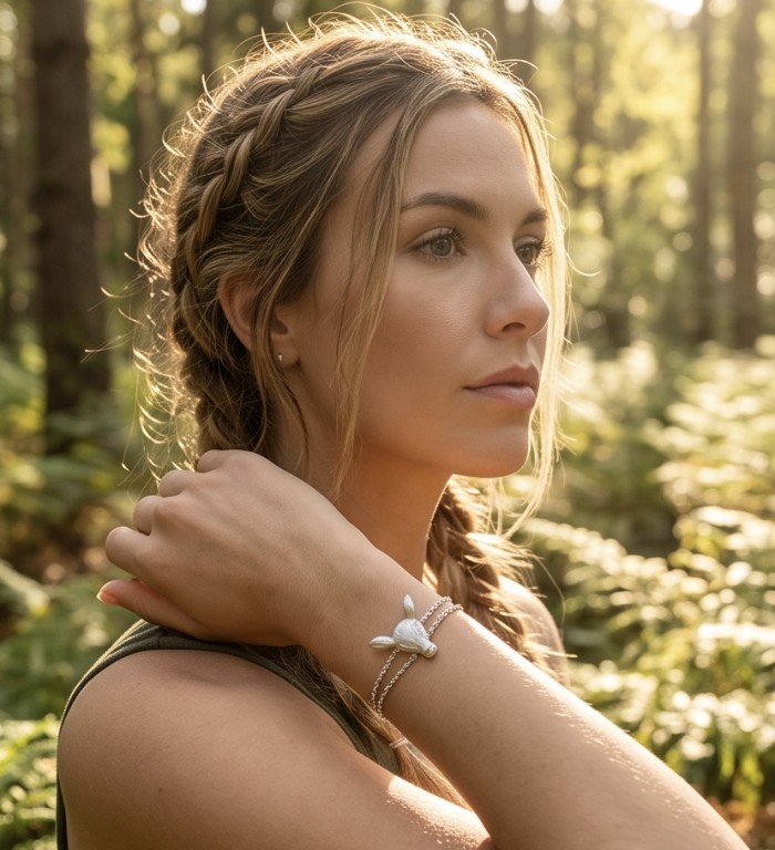 Deer'S Head 0.5 carat Emerald Rhodium over .925 Sterling Silver handmade Statement Bracelet - Woman wearing Deer’s Head bracelet in forest setting, side profile view.