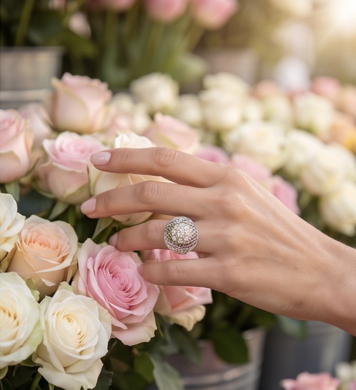 Casablanca Italy made 1.8 carat Morganite Peridot .925 Sterling Silver brilliantly handcrafted ring s. 8 - Ring with 1.8 carat Morganite, Peridot on hand near pink roses.
