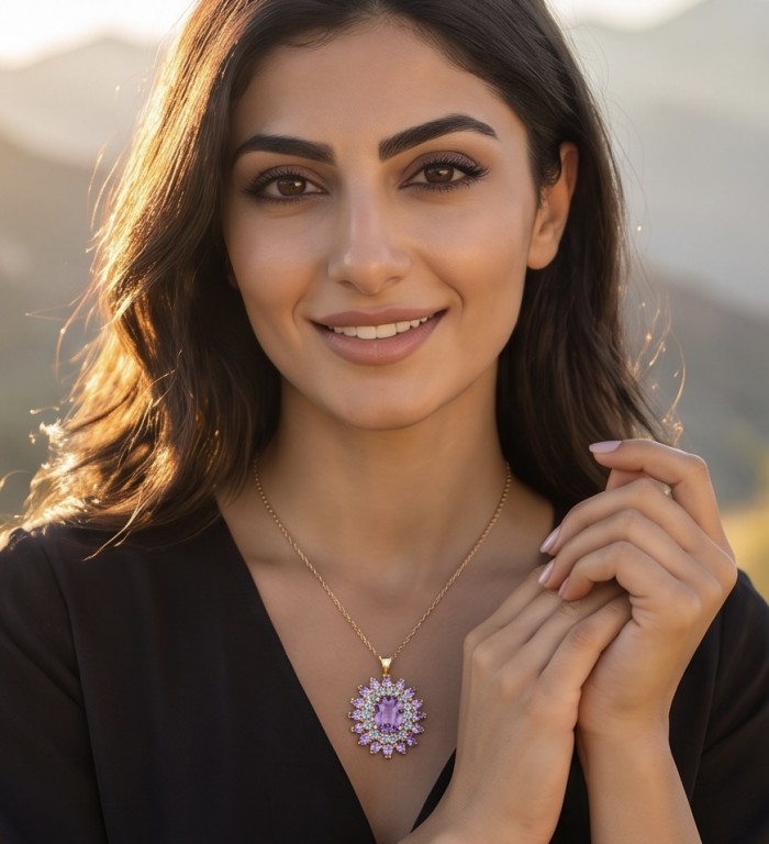 Serenity 28.8 carat Precious Amethyst .925 Sterling Silver dipped in 18K Gold handcarfted Pendant - Woman wearing Serenity Amethyst pendant against sunset background.