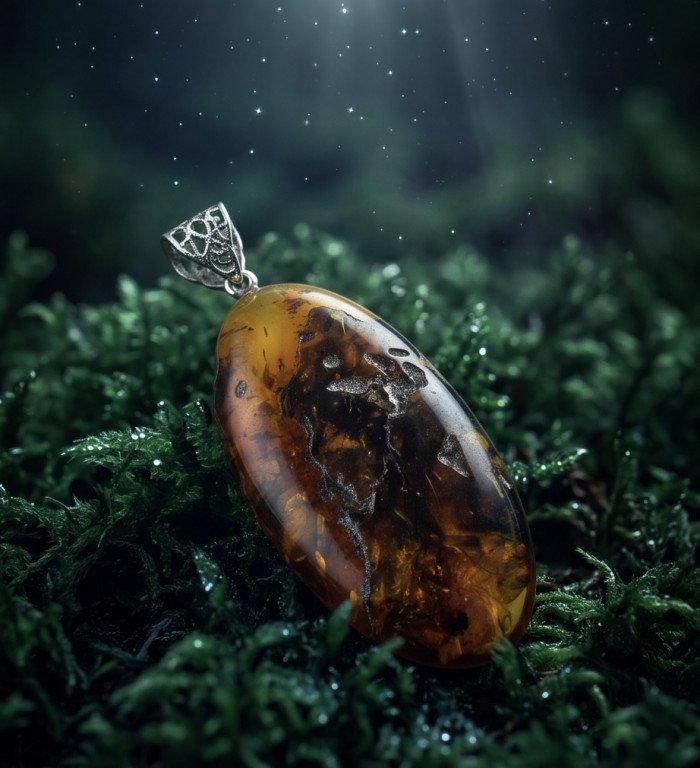 Prehistoric Authentic Golden Baltic Amber .925 Sterling Silver beautifully handcrafted Pendant - Close-up of golden Baltic amber pendant on moss background.