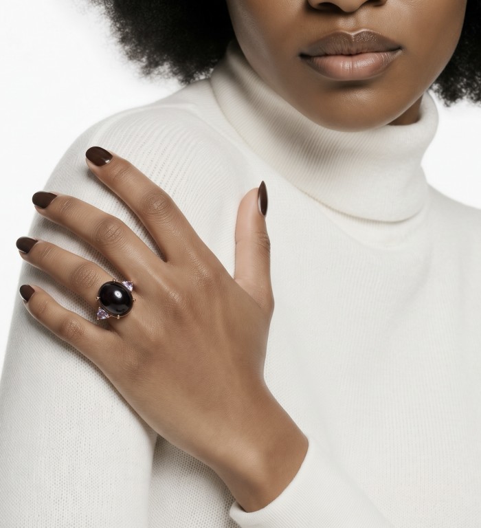 Cherry-Pick Natural 28.4 carat Mozambique Star Ruby .925 Sterling Silver dipped in 22K Gold handmade Large Statement Ring size 7 1/2 - Ring with large ruby worn on hand, close-up view.