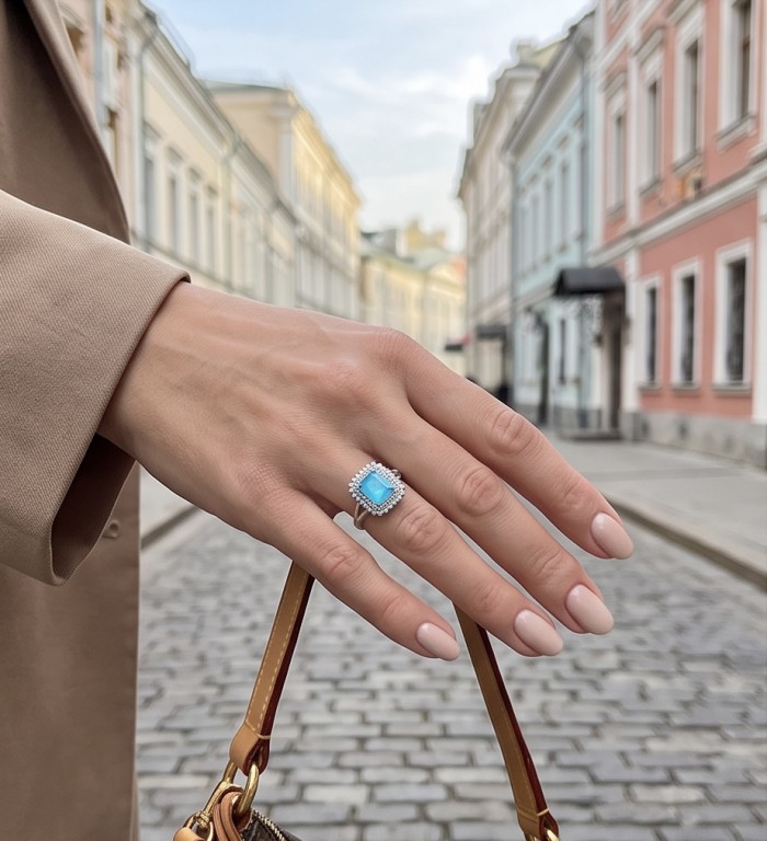 Wonderland 9.5 carat Brazilian Paraiba Tourmaline rhodium over .925 Sterling Silver Handcrafted Ring size 8 - Hand wearing Wonderland 9.5 carat Paraiba Tourmaline ring on a street.
