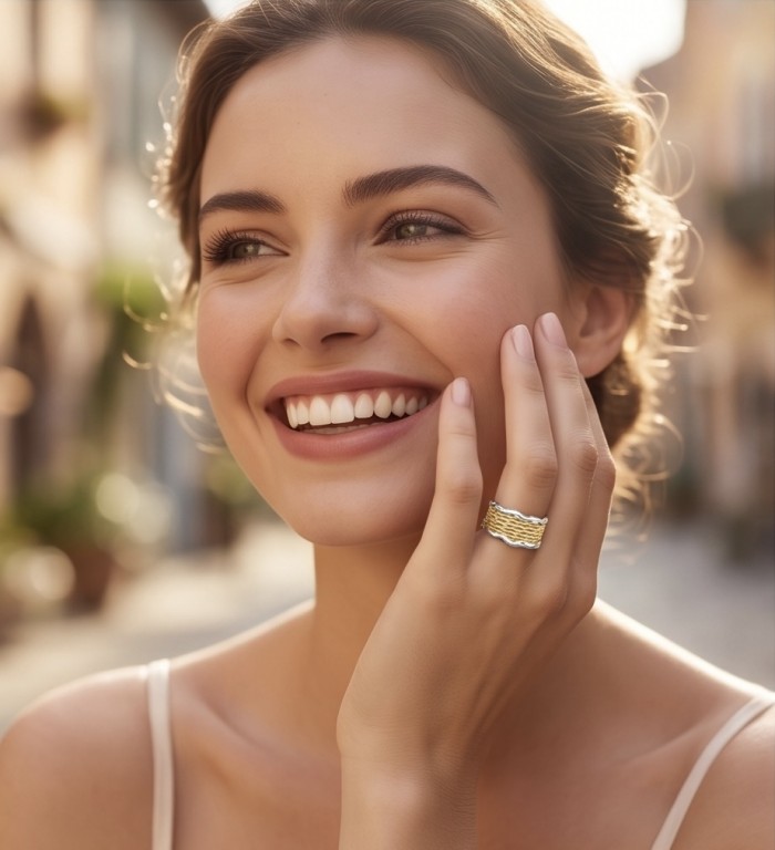 Perfection Natural 18K Gold over .925 Sterling Silver ring size 7 1/4 - Woman wearing Perfection ring, gold over sterling, close-up on hand.