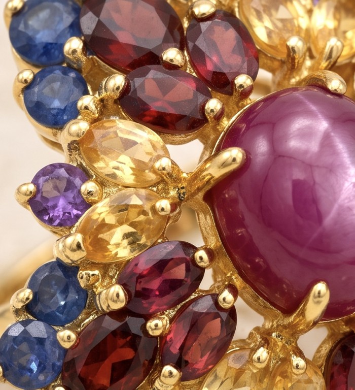 Bella Rosa Genuine 17.5 CARAT Star Ruby 22K Gold over .925 Sterling Silver Large Statement Ring size 8 - Stone close-up of Bella Rosa 17.5 carat star ruby in 22K gold setting