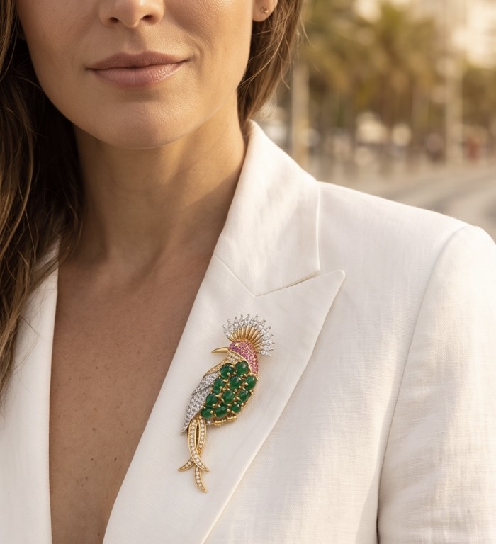Precious Exotic Bird Natural 10.2 carat Colombian Emerald 2 tones .925 Sterling Silver Brooch - Worn on lapel: Exotic Bird brooch with Emerald and gemstone details.