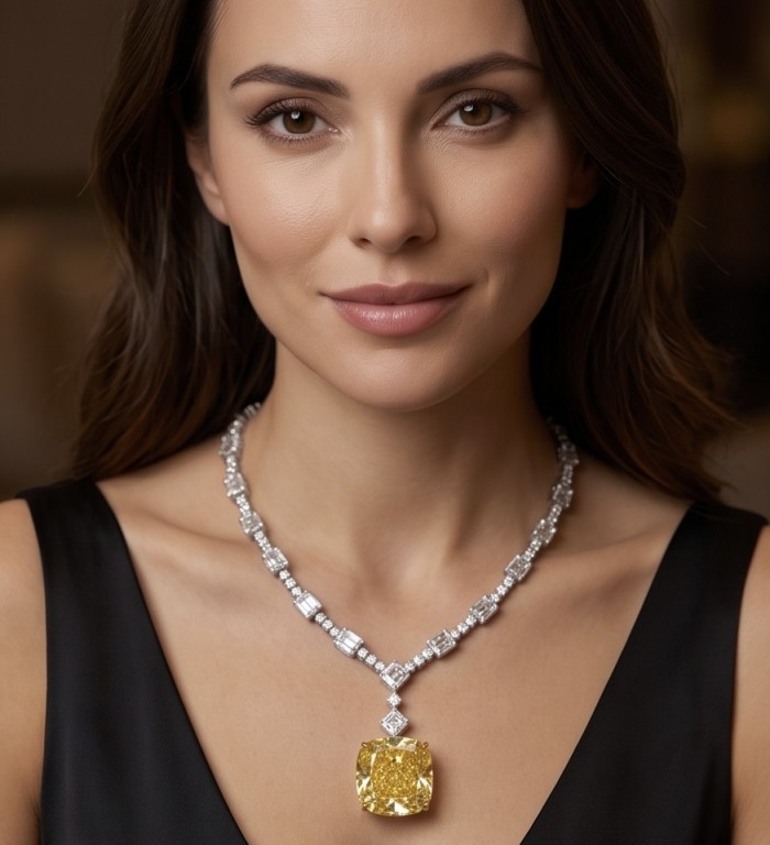 Iconic design - RARE BEAUTY - Valentina 108.2 carat asscher cut Yellow Sapphire .925 Sterling Silver dipped in rhodium Statement Necklace - Woman wearing necklace with 108.2 carat yellow diamond pendant