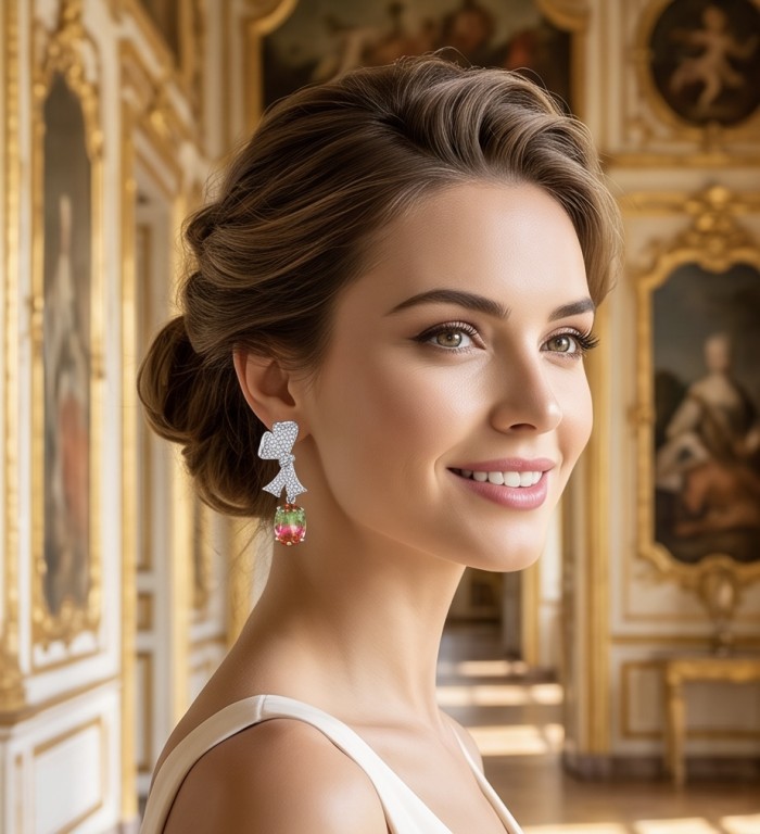 Luxurious 7.5 carat Brazilian Watermelon Tourmaline .925 Sterling Silver Handcrafted Earrings - Side view of woman wearing 7.5 carat watermelon tourmaline earrings