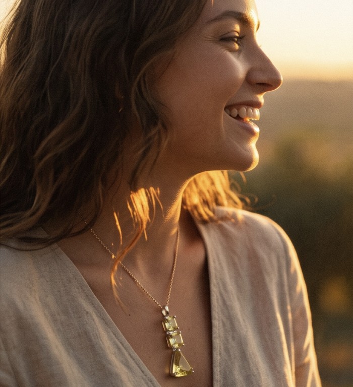 Island 22.5 carat Lemon Quartz rhodium over .925 Sterling Silver handcrafted pendant - Side view of Island 22.5 carat Lemon Quartz necklace worn by a person.