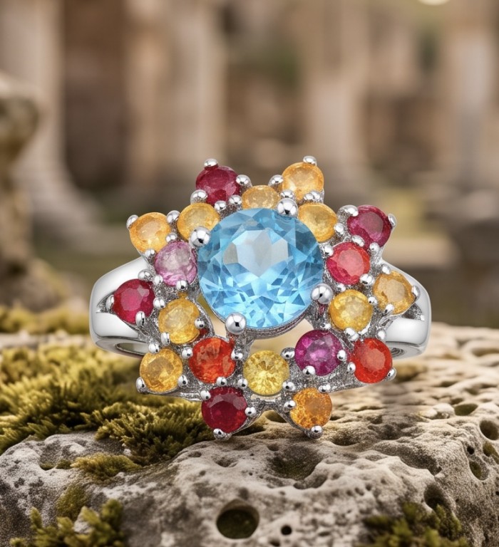 Belssings Natural 12.8 carat Swiss Blue Topaz .925 Sterling Silver dipped in rhodium handmade Statement Ring size 8 - Close-up of multi-gemstone ring with blue topaz centerpiece.