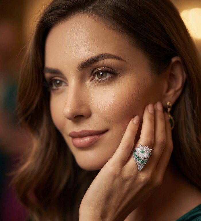 Elegant luxurious Cat 0.7 carat Colombian Emerald rhodium over .925 Silver handcrafted Cocktail Ring s. 8 - Worn on hand: Elegant Cat ring with Colombian Emerald stones