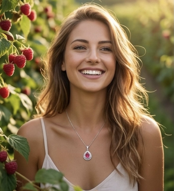 3.2 carat authentic Mozambique Ruby rhodium over .925 Sterling Silver handmade Pendant - Woman wearing a rhodium pendant with 3.2 carat Mozambique ruby.