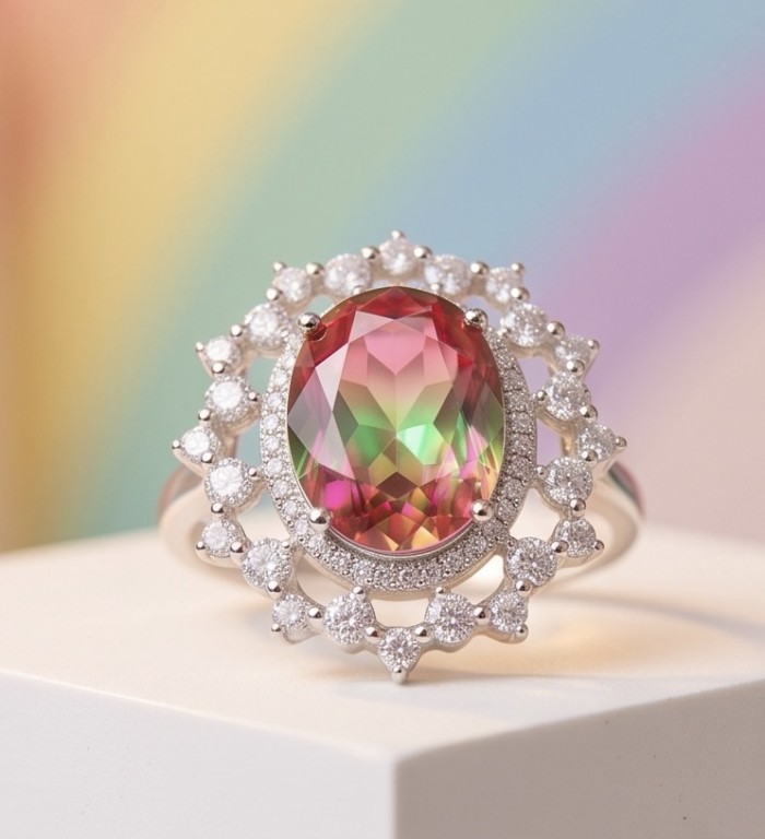 12.8 carat Brazilian Tourmaline .925 Sterling Silver dipped in rhodium Perfectly handcrafted Ring s. 8 - Close-up of 12.8 carat Brazilian Tourmaline ring with silver setting