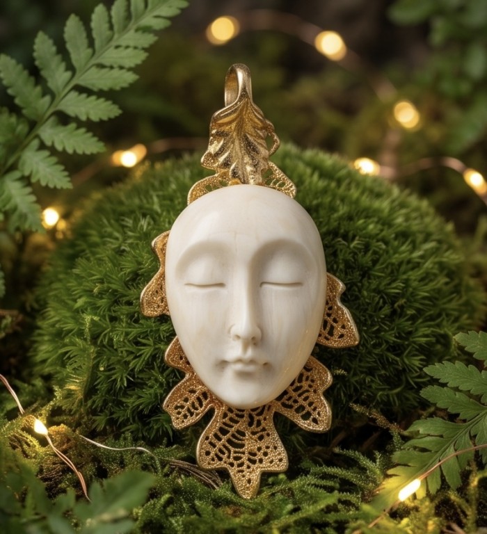 Stylish REAL Leaf dipped in Gold 10.5 carat carved Bone .925 Sterling Silver Pendant - Gold-dipped leaf jewelry on moss, face detail, surrounded by fairy lights.