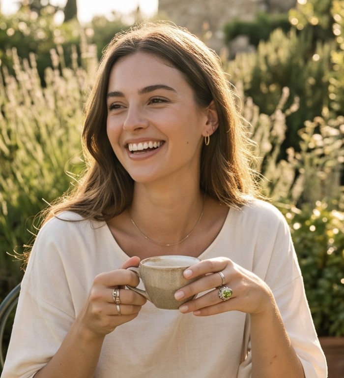 Big Dreamer Massive 25.8 carat Green Topaz .925 Sterling Silver handcrafted Large ring size 11 - Woman wearing 25.8 carat green topaz ring, holding a cup, smiling.