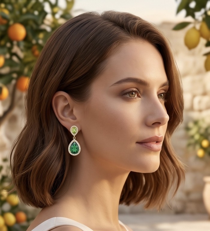 Natura - Authentic 4.5 CARAT natural Colombian Emerald 2.1 carat Peridot 22K Gold over .925 Sterling Silver handcrafted earrings - Side view of Natura earrings with Colombian emeralds worn by a model