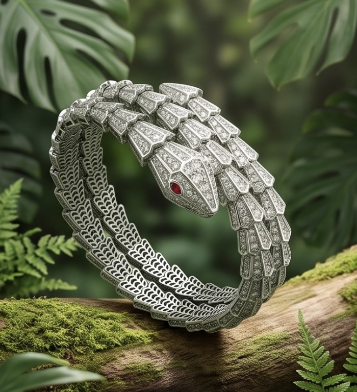 SERPENTINE Precious Snake Genuine 22.2 Moissanite 925 Sterling Silver handcrafted Bracelet - Intricate serpent bracelet with red gemstone eye, displayed on a log.