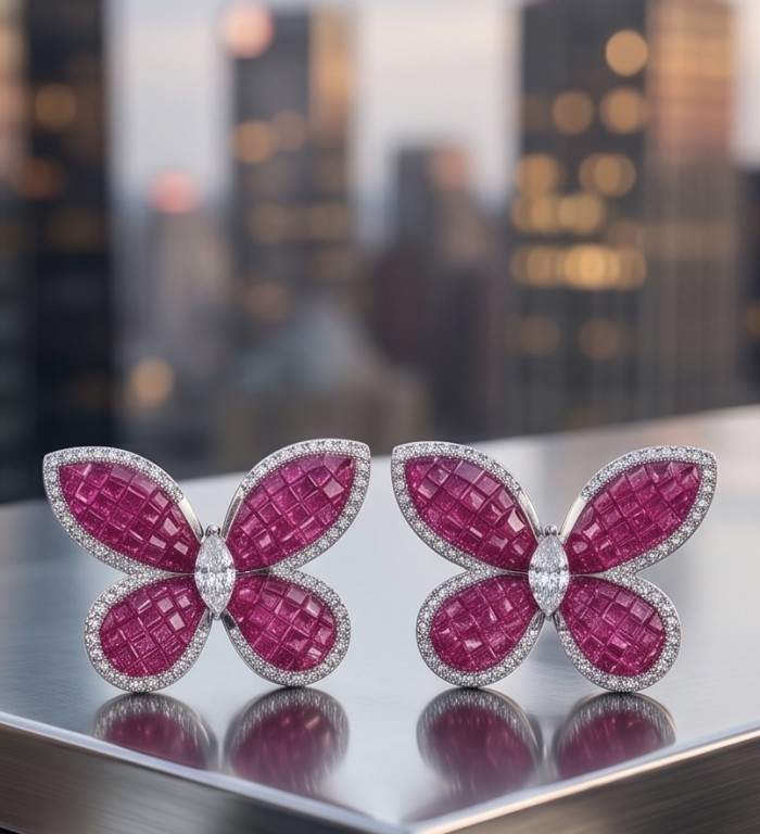 Real Beauty natural 22.5 CARAT Ruby Butterflies .925 Sterling Silver Large handcrafted earrings - Butterfly-shaped ruby earrings on cityscape backdrop, front view.