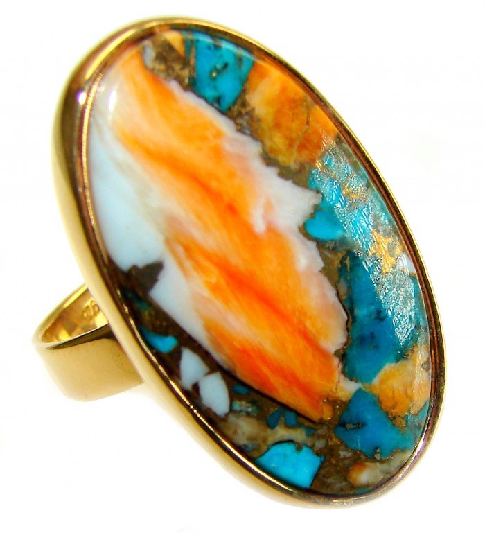 Rare 29.5 carat Oyster Turquoise 18K Gold over .925 Sterling Silver handcrafted Large ring; s. 6 adjustable - Close-up of rare oyster turquoise ring in 18K gold over sterling silver.