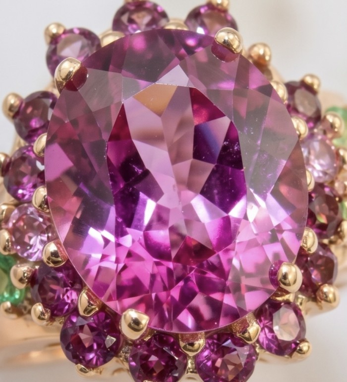 Elizabeth - Natural 10.8 carat pear cut Pink Sapphire .925 Sterling Silver dipped in 22K Rose Gold handmade Statement Ring size 6 - Close-up of Elizabeth pink sapphire ring with surrounding gemstones