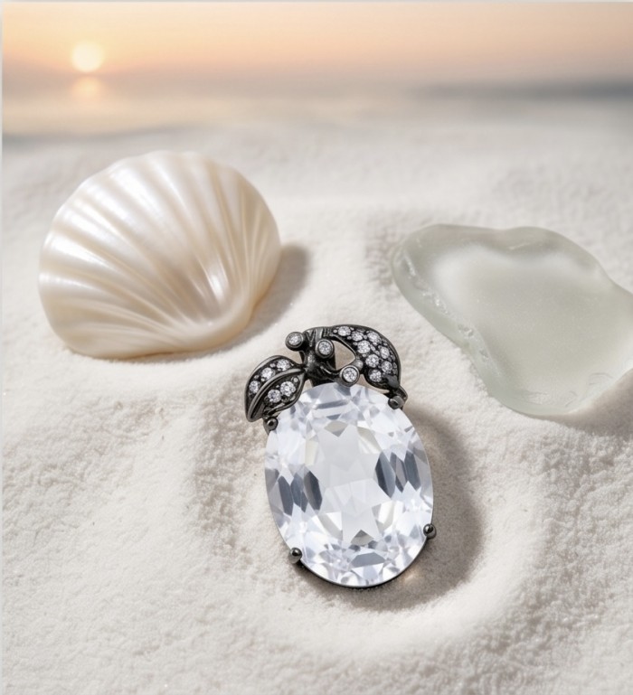 White Apple 22.2 carat White Topaz .925 Sterling Silver dipped in black Rhodium handmade Pendant - White topaz pendant in sand with seashell and heart-shaped glass detail.