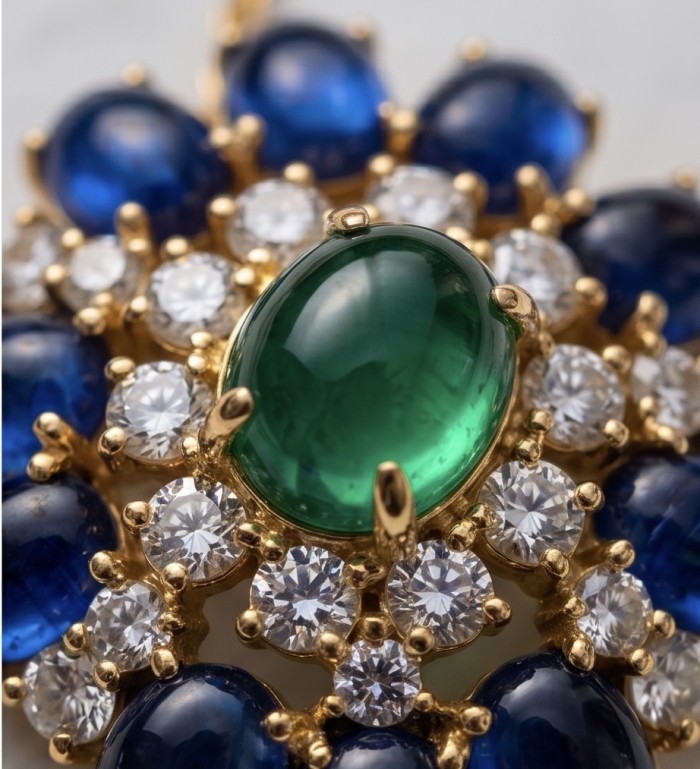Colombian's Brilliance - emerald cut 4.7 carat Colombian Emerald 18K Gold over .925 Sterling Silver handcrafted necklace - Close-up of emerald and sapphire surrounded by diamonds in gold setting.