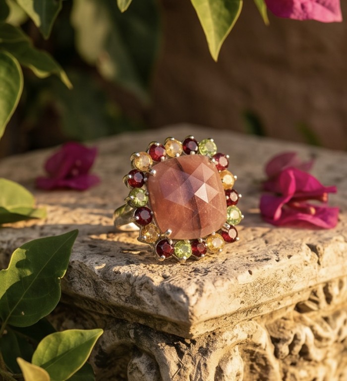 Art Deco 18.8 ctw Kashmir Rruby .925 Sterling Silver handcrafted Statement Ring size 8 - Close-up of Art Deco ring with multicolored stones on a stone pedestal.