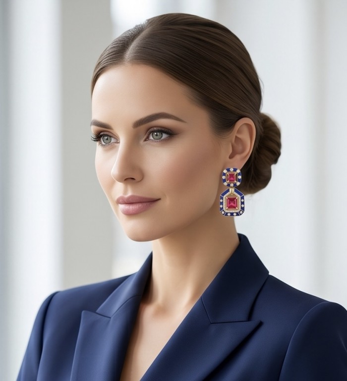 Art deco Magnificent Jewel 6.4 carat Ruby blue enamel .925 Sterling Silver dipped in 18K Gold handcrafted incredible earrings - Woman wearing art deco ruby earrings, side view, blue enamel detail