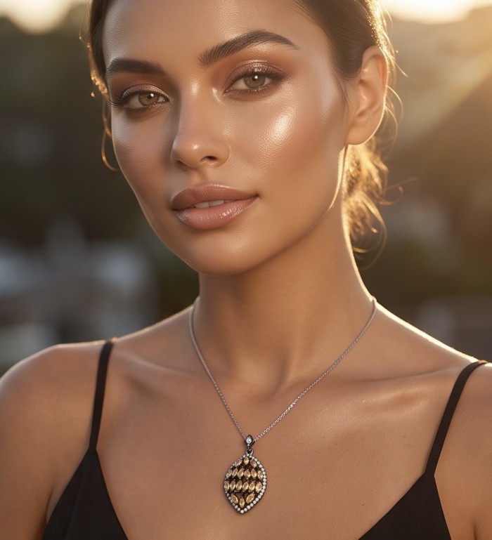 Authentic 15.5 carat Brazilian Citrine black rhodium over .925 Sterling Silver handcrafted Statement Pendant - Model wearing Brazilian Citrine pendant at sunset, front view.
