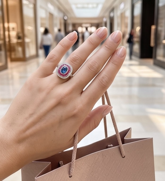 Art Deco 3.8 ctw Sapphire .925 Sterling Silver handcrafted Statement Ring size 7 1/2 - Sapphire ring on hand in shopping mall, Art Deco style, silver setting.