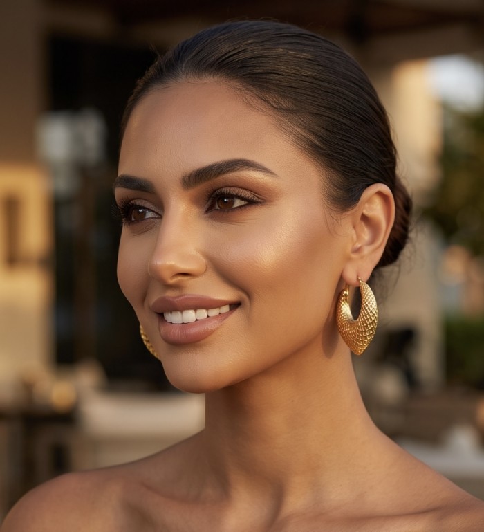 Black Label Collection - Dubai Style - Natural 22K Gold over .925 Sterling Silver handmade earrings - Woman wearing gold earrings, side view, Black Label Collection.