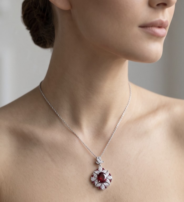 Luxurious 10.9 carat natural Mozambique Ruby .925 Sterling Silver .925 Sterling Silver Statement Necklace - Necklace with 10.9 carat Mozambique ruby, worn elegantly on neck.