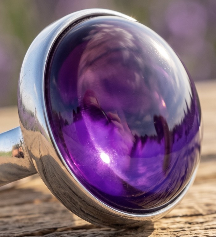Top quality 24.4 carat Amethyst .925 Sterling Silver dipped in rhodium Handcrafted Large Ring size 8 - Close-up of 24.4 carat Amethyst in .925 Sterling Silver setting.