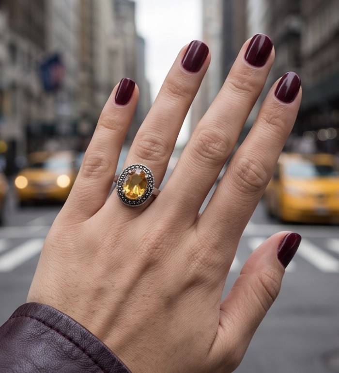 Authentic oval cut 10.2 carat Golden Topaz rhodium over .925 Sterling Silver ring s. 8 - Golden Topaz ring worn on hand, city street background.
