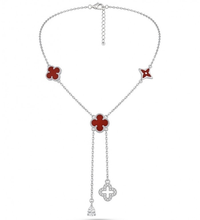 Outstanding 20 inches long Carnelian Lucky Four Leaf Clover .925 Sterling Silver necklace - Necklace with red clover designs, hanging detail, and adjustable chain.