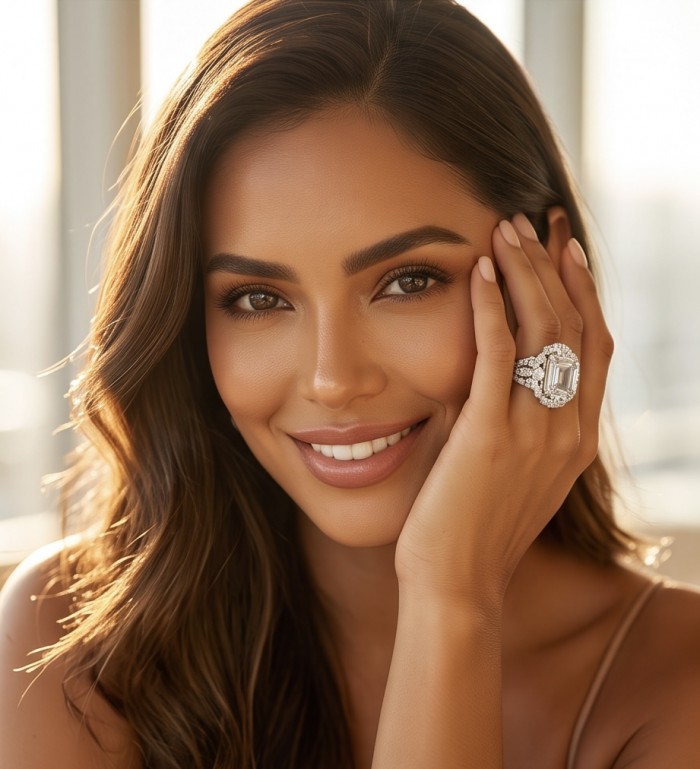 Asscher cut 25.2 carat White Topaz rhodium over .925 Silver handcrafted Cocktail Ring s. 7 1/4 - White Topaz ring, Asscher cut, worn on hand, 25.2 carat, rhodium over silver