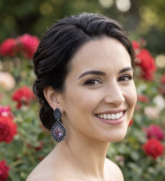 Giuseppina - Authentic 26.5 carat Amethyst Sapphire rhodium over .925 Sterling Silver handcrafted Statement earrings - Woman wearing Giuseppina earrings with amethyst and sapphire, side view.