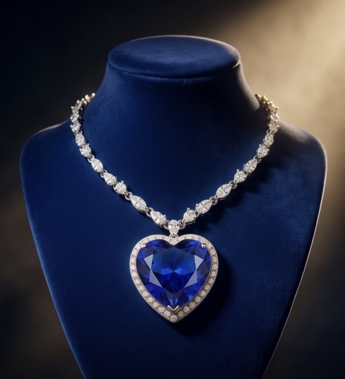 Titanic - Heart of The Ocean Necklace ~ 24.5 Ct Blue Sapphire Necklace In 925 Sterling Silver necklace - Heart of The Ocean Necklace on display, front view on a blue stand.