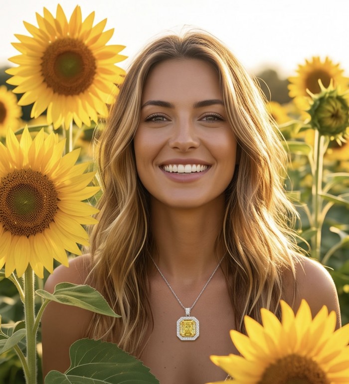 Art Deco - Luxurious asscher cut 14.7 carat Yellow Sapphire rhodium over .925 Sterling Silver handcrafted necklace - Worn sunflower necklace with 14.7 carat yellow sapphire, front view.