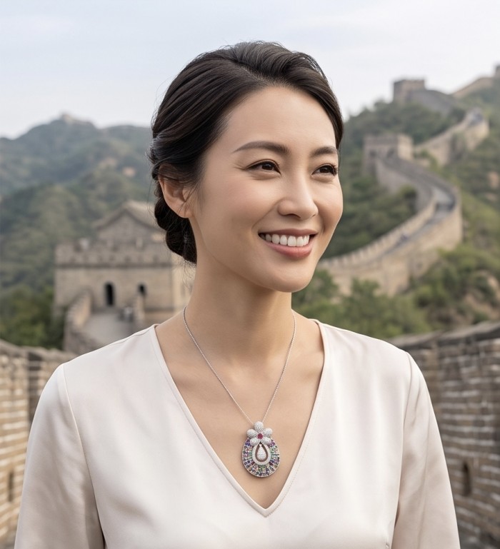 Julietta - Excellent quality 14.9 carat Multigem rhodium over .925 Sterling Silver handcrafted Pendant - Woman wearing Julietta multigem necklace, Great Wall of China in background.