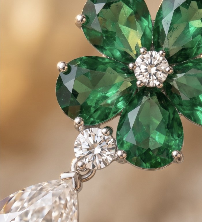 Tiffany - Authentic 14.8 CARAT Siberian Chrome Diopside rhodium over .925 Sterling Silver handcrafted earrings - Stone close-up of Tiffany 14.8 carat Siberian Chrome Diopside earrings