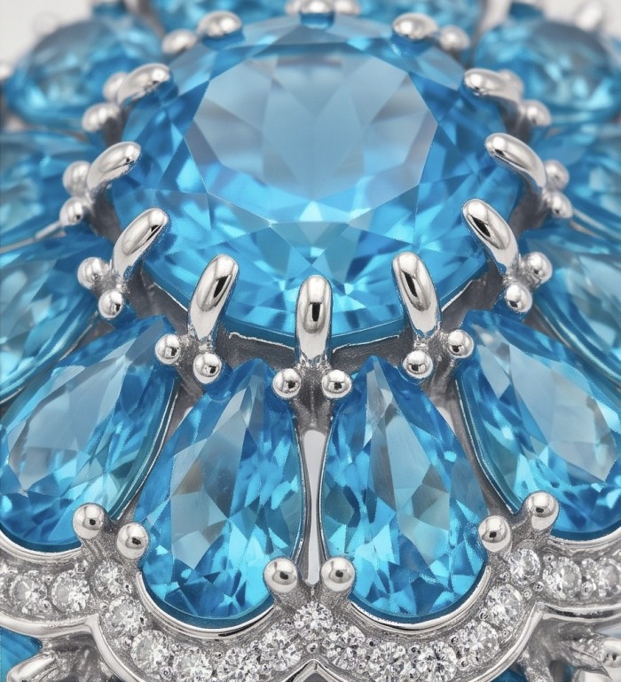 Blue Cascade Natural 14.8 carat Swiss Blue Topaz .925 Sterling Silver dipped in rhodium handmade Large Statement Ring size 6 1/4 - Close-up of Swiss blue topaz stones with silver setting.