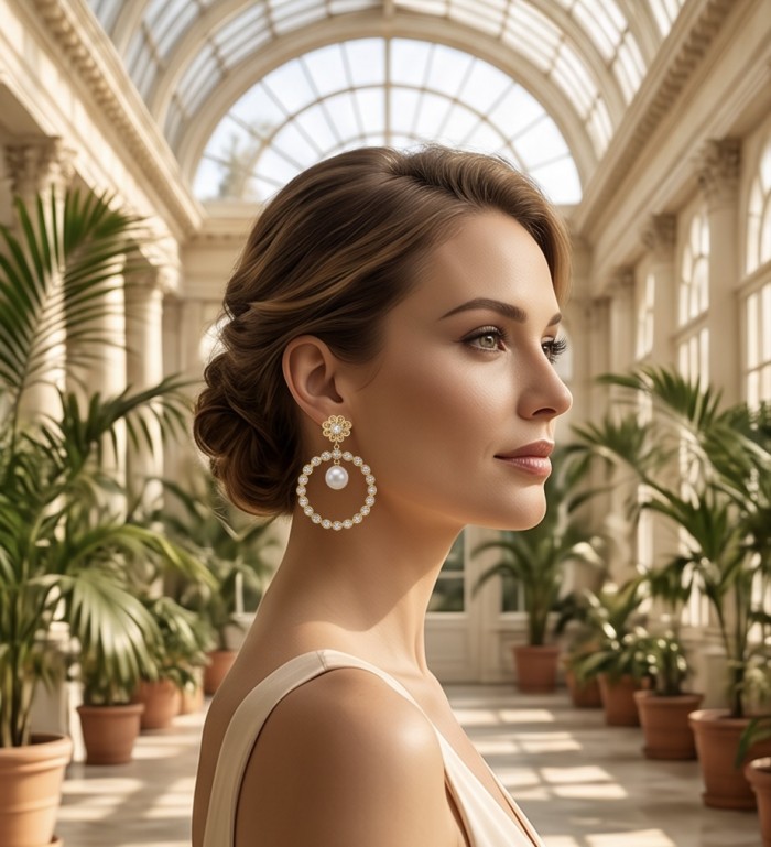 Large - Sublime natural Pearl White Tuopaz 18K Rose Gold over .925 Sterling Silver handcrafted Earrings - Side view of woman wearing pearl and topaz earrings in a bright atrium.