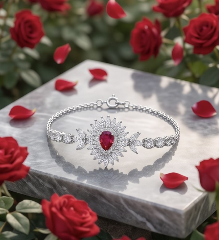 Luxurious 2.8 carat natural Mozambique Ruby .925 Sterling Silver Statement Bracelet - Elegant sterling bracelet with Mozambique ruby on marble, surrounded by roses.