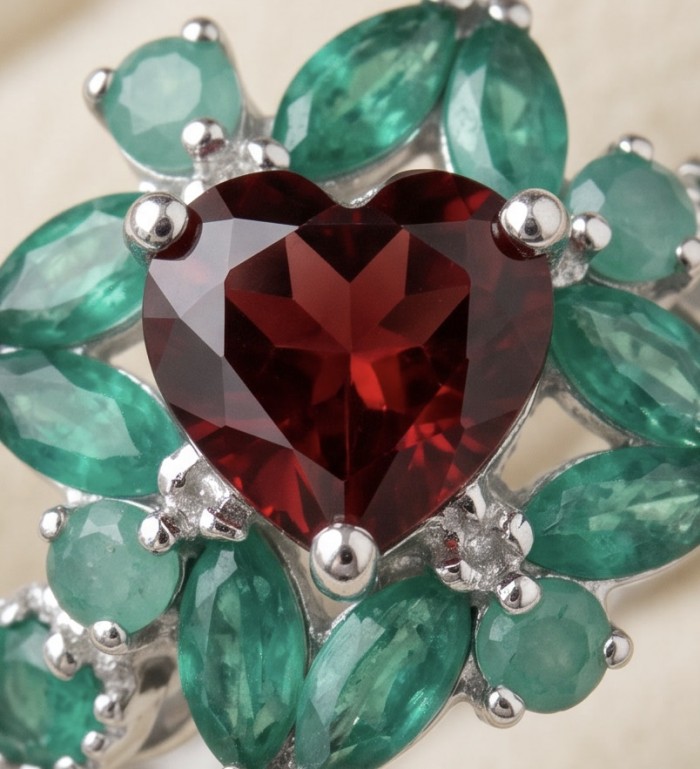 Scarlett's Heart 1.7 ctw Mozambique Ruby .925 Sterling Silver handcrafted Statement Ring size 6 - Stone close-up of Scarlett's Heart Ruby and Emerald Ring