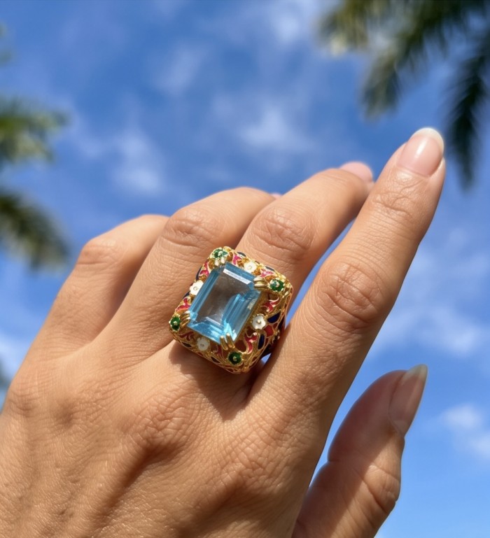 Nirvana Natural Fancy baquette cut 15.8 carat Swiss Blue Topaz .925 Sterling Silver dipped in 22K Gold handmade Statement Ring size 7 - Swiss Blue Topaz ring worn on hand in a sunny outdoor setting.