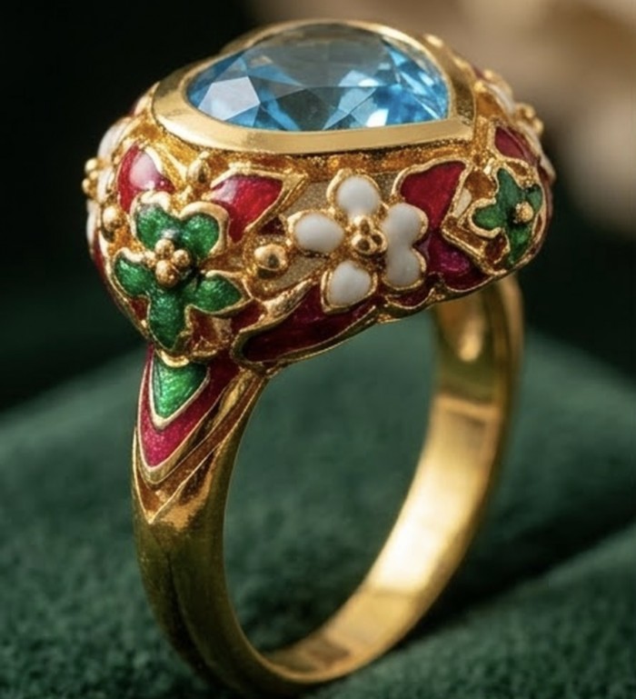 ANGEL'S HEART 6.8 carat Swiss Blue Topaz ENAMEL .925 Sterling Silver dipped in 22K Gold handcrafted ring size 7 1/2 - Side view of ANGEL'S HEART ring with blue topaz and enamel details