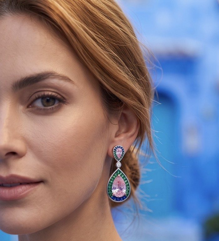 Emily - Art Deco - Precious genuine 12.2 carat Kunzite rhodium over .925 Sterling Silver 2 tones handcrafted earrings - Close-up of Emily earrings showcasing 12.2 carat Kunzite stone worn on ear.