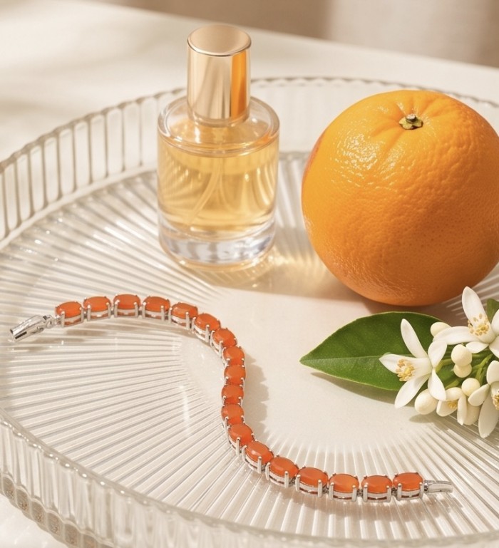 Sublime Brilliance 26.8 carat Authentic Orange Fire Opal .925 Sterling Silver handcrafted bracelet - Top view of orange fire opal bracelet with perfume and orange on a tray.