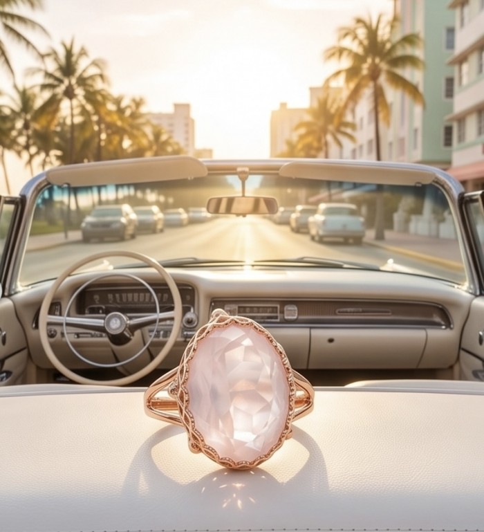 Top quality 22.2 carat Brazilian Rose Quartz .925 Sterling Silver dipped in 18K Gold Handcrafted Ring size 10 1/4 - Rose Quartz ring close-up in convertible with palm trees background